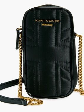 Kurt Geiger Black Quilted Phone Crossbody with Gold Chain
